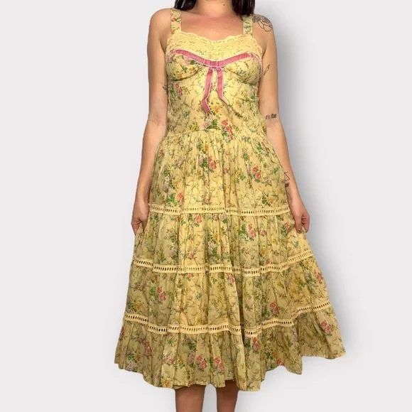 Kitten D’Amour Cottage Core, Fairy, Yellow Floral, Pink Lace Bow Dress - Picture 3 of 11
